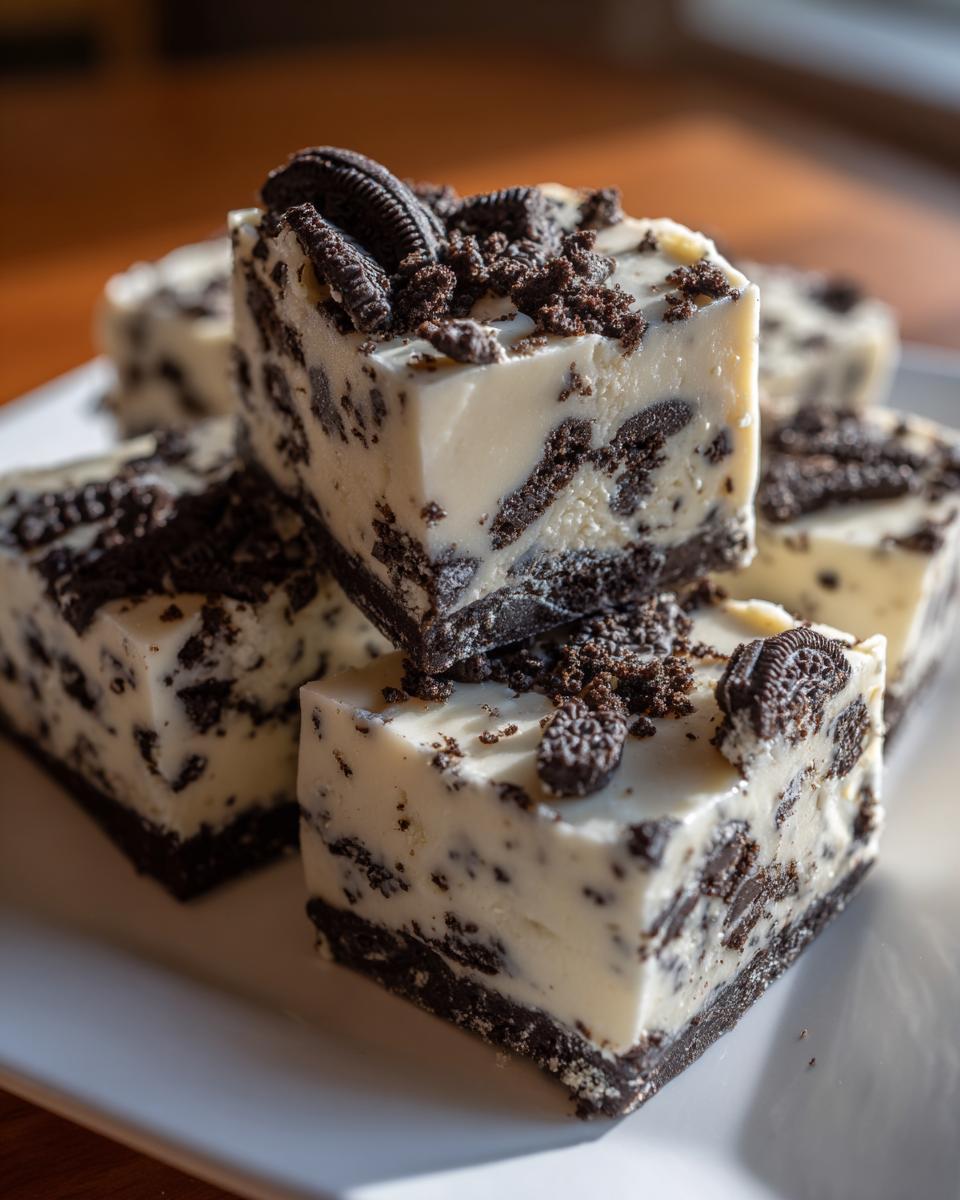 Close-up of stacked squares of creamy white Oreo fudge loaded with dark chocolate cookie pieces.