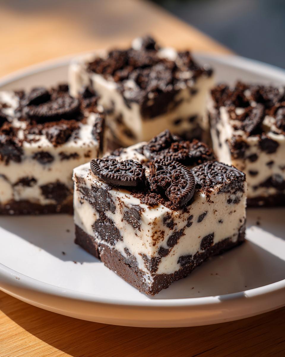 Four squares of rich, creamy oreo fudge with a dark chocolate base and topped with crushed and whole Oreo pieces.