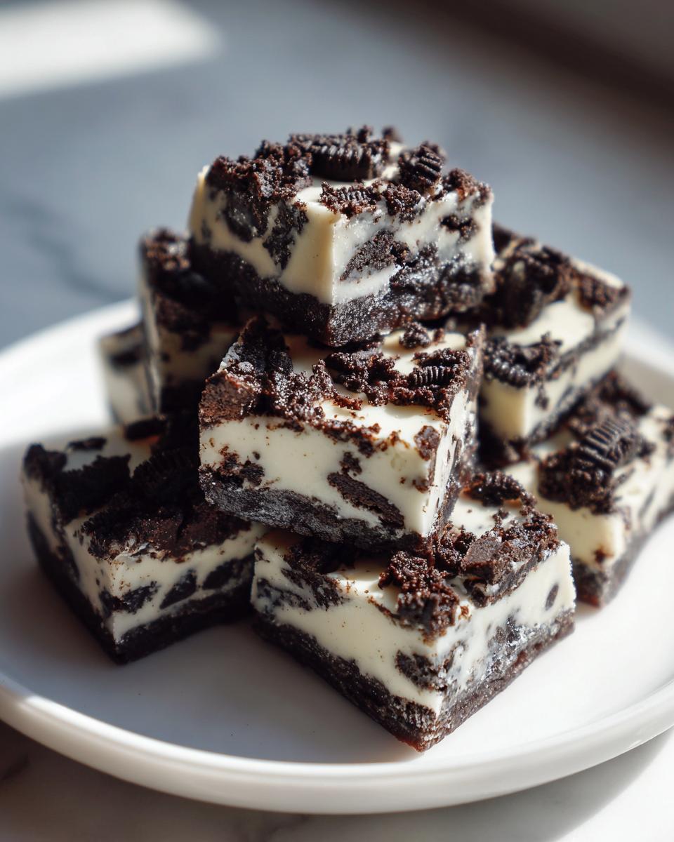 A stack of rich, white and dark chocolate Oreo fudge squares topped with crushed cookies.