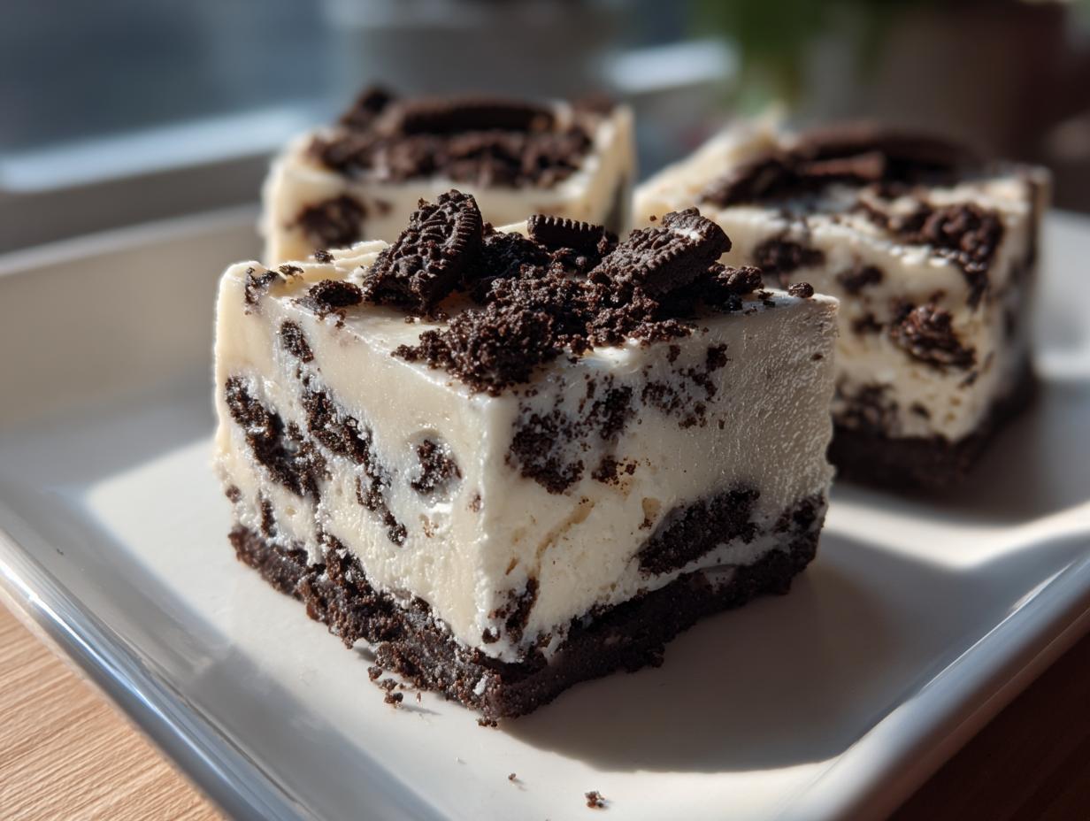 Close-up of creamy white oreo fudge squares loaded with crushed Oreo pieces, sitting on a white plate.