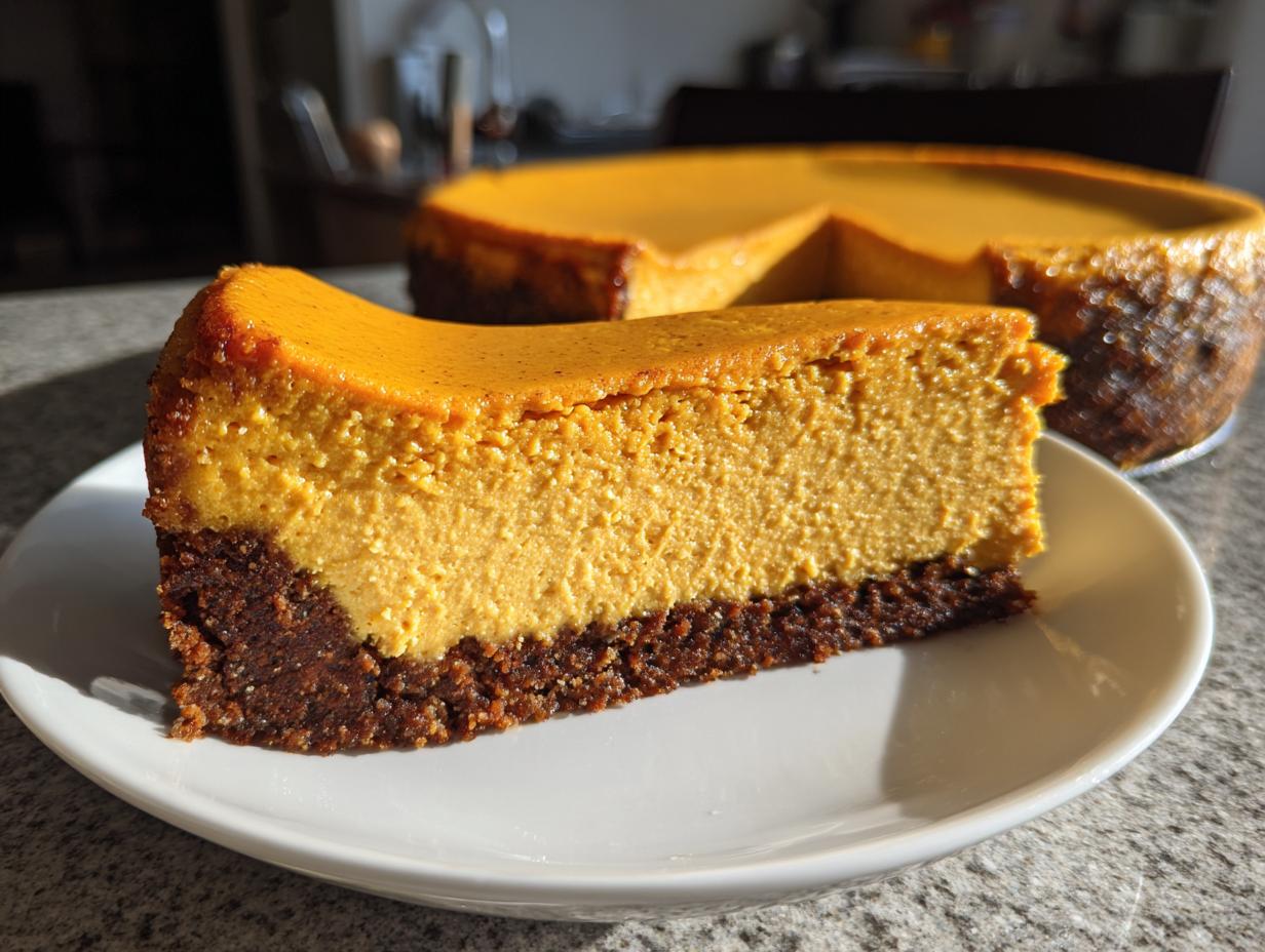 A thick slice of pumpkin cheesecake with a dark crust served on a white plate, with the rest of the pumpkin cheesecake in the background.