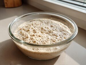 A close-up of a highly active sourdough starter, full of bubbles, resting in a clear glass bowl near a window.
