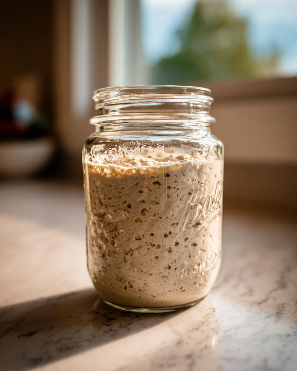 A highly active sourdough starter showing many bubbles inside a clear glass jar, sitting on a counter near a window.