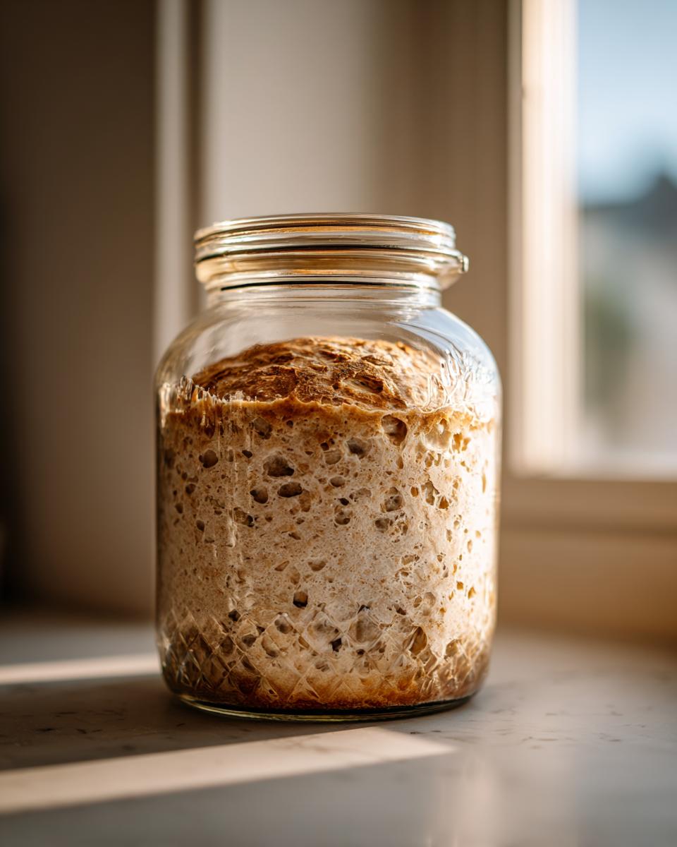 A highly active sourdough starter, full of bubbles and risen high, contained in a clear glass jar on a sunny windowsill.