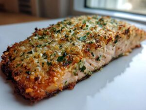 Close-up of a perfectly cooked air fryer salmon fillet with a golden, herbed, and cheesy crust.