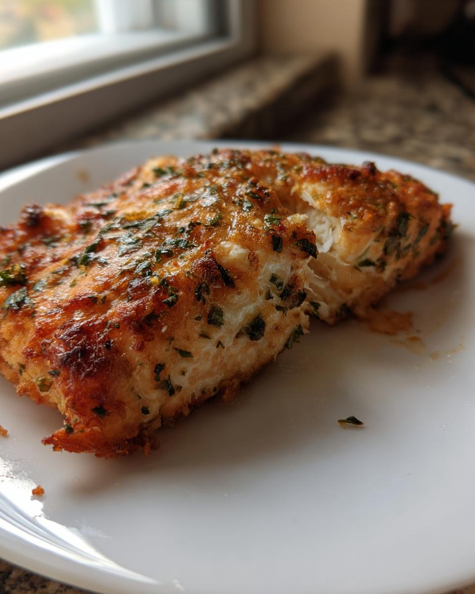 A flaky piece of golden-brown air fryer salmon topped with herbs, resting on a white plate.