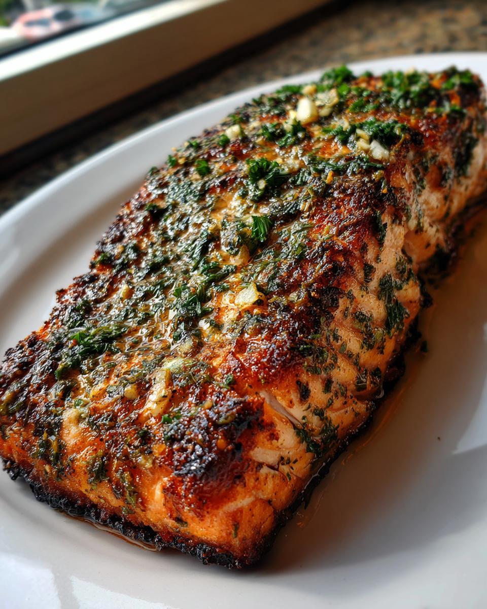 Close-up of a beautifully seasoned and cooked piece of air fryer salmon on a white plate.