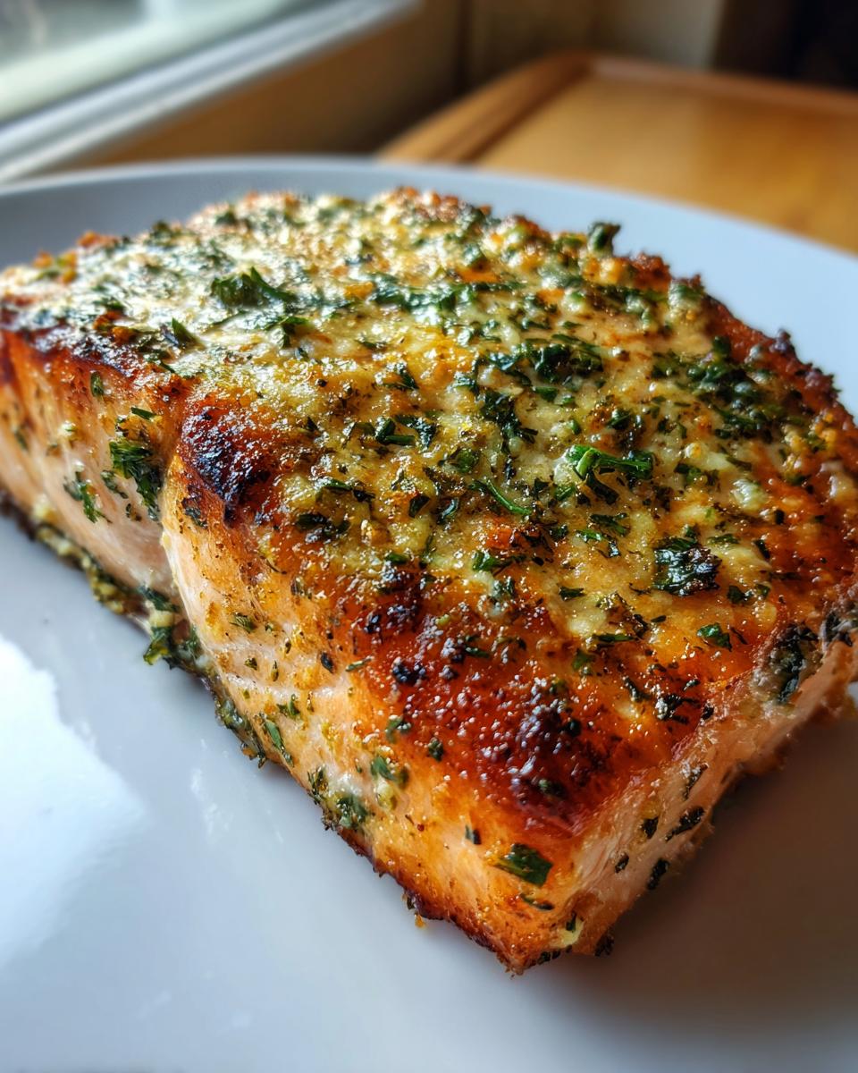 Close-up of a thick, juicy piece of air fryer salmon topped with melted butter and fresh green herbs.