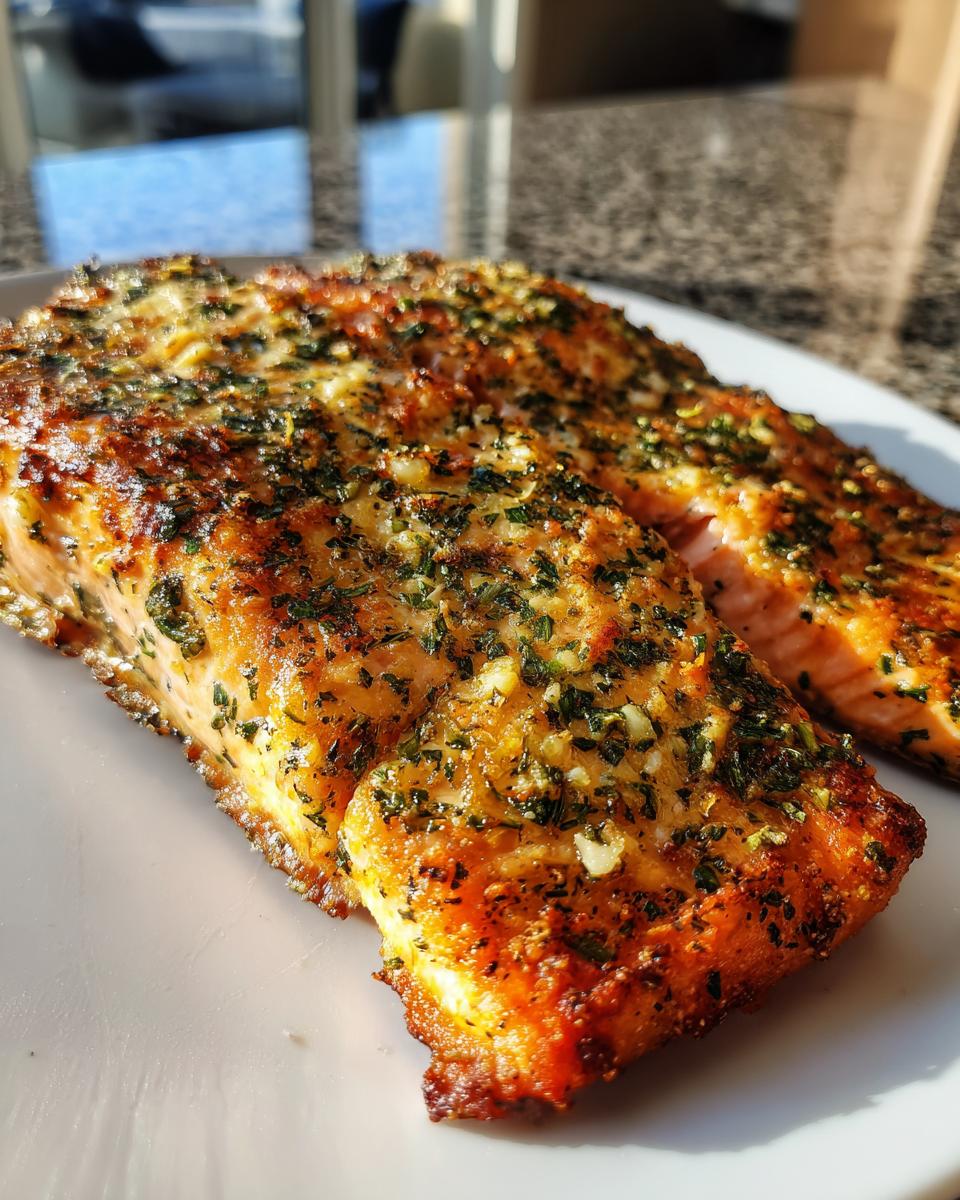 Close-up of two seasoned fillets of air fryer salmon, golden brown and topped with green herbs.