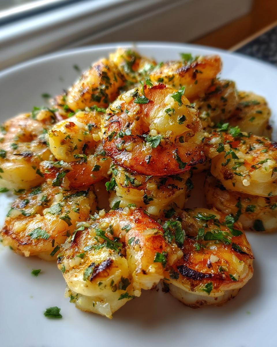 A close-up of golden brown, seasoned air fryer shrimp piled on a white plate, garnished with fresh parsley.