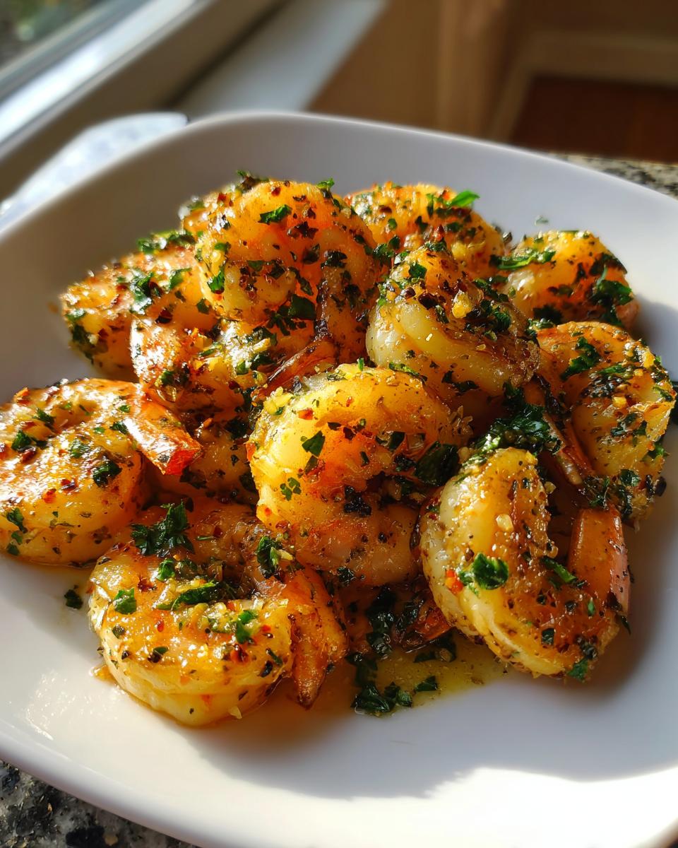 Close-up of juicy, golden air fryer shrimp tossed in garlic butter and fresh parsley.