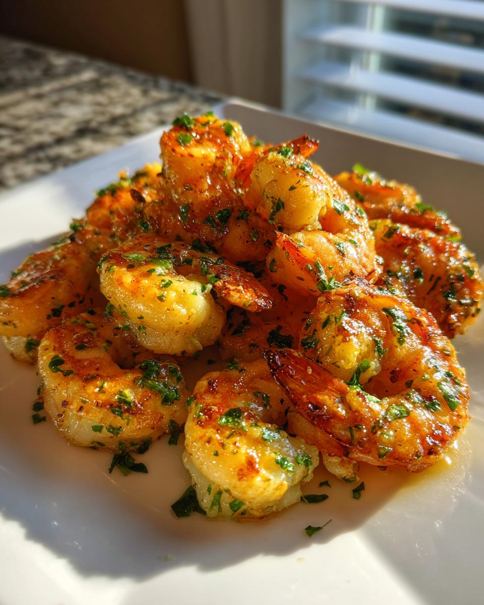 A pile of perfectly cooked, golden air fryer shrimp seasoned with spices and topped with fresh chopped parsley.