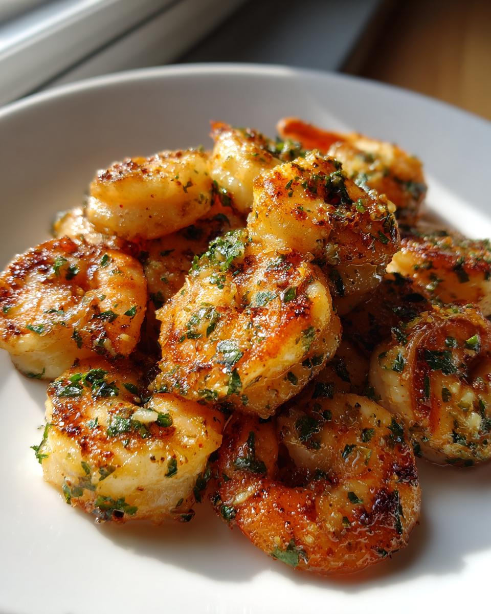 Close-up of golden, seasoned air fryer shrimp piled on a white plate, garnished with fresh parsley.