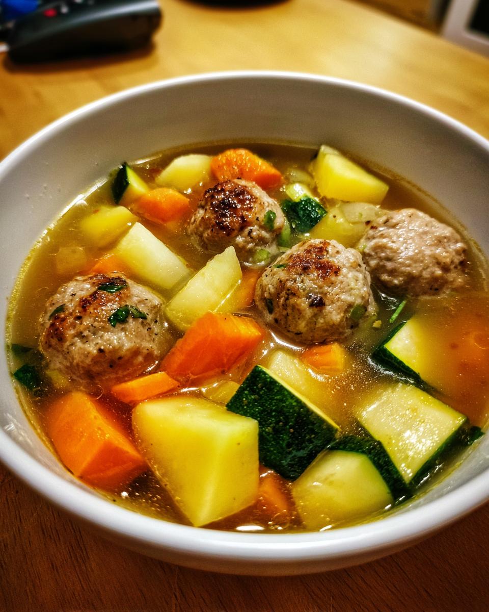 Close-up of a white bowl filled with flavorful albondigas soup featuring browned meatballs and chunks of potato, carrot, and zucchini.