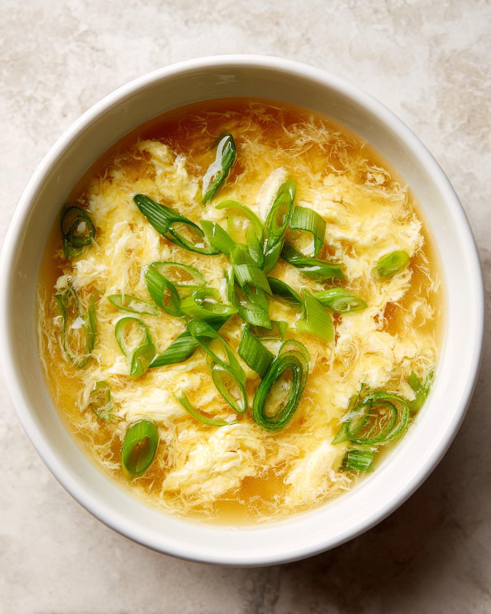 Overhead view of a white bowl filled with golden broth and wispy egg drop, garnished with fresh green onions.
