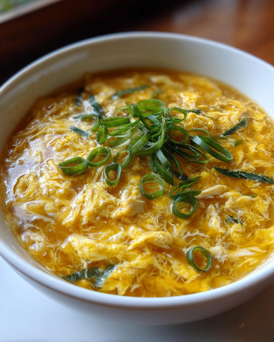 A close-up of a white bowl filled with rich, yellow egg drop soup, garnished with fresh sliced green onions.
