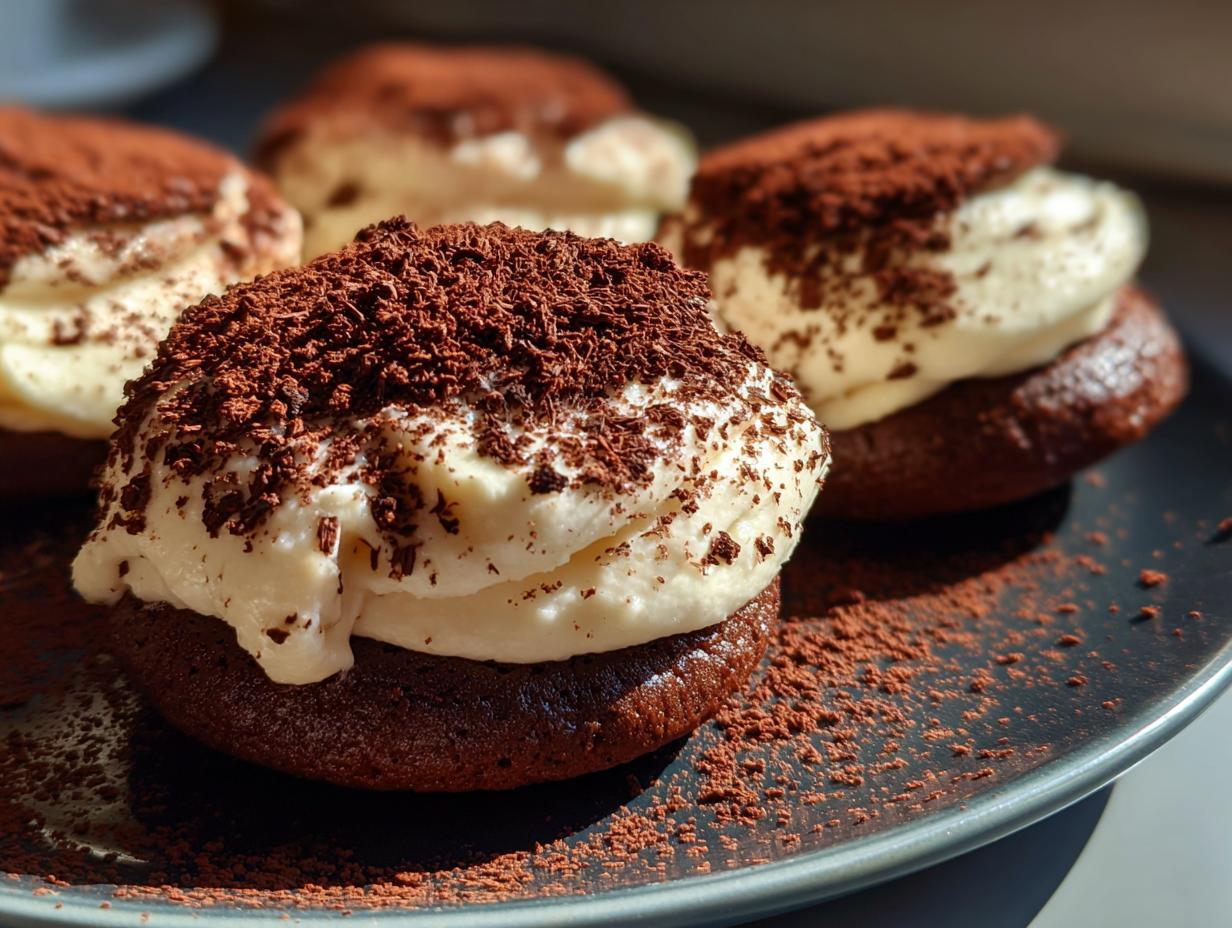 Close-up of rich, dark chocolate tiramisu cookies topped with creamy mascarpone frosting and dusted with cocoa powder.