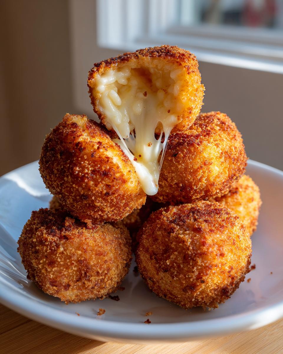 Stack of golden brown fried rice balls, one broken open showing a dramatic cheese pull.