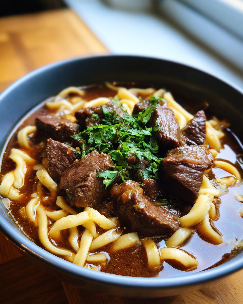 Close-up of a dark bowl filled with rich broth, thick noodles, and tender chunks of beef, topped with fresh parsley, showcasing the beef noodle soup.