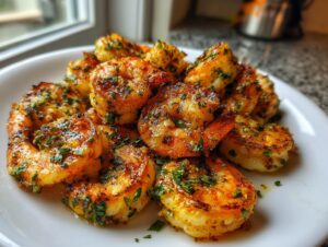 Close-up of golden, seasoned air fryer shrimp piled on a white plate, garnished with chopped parsley.