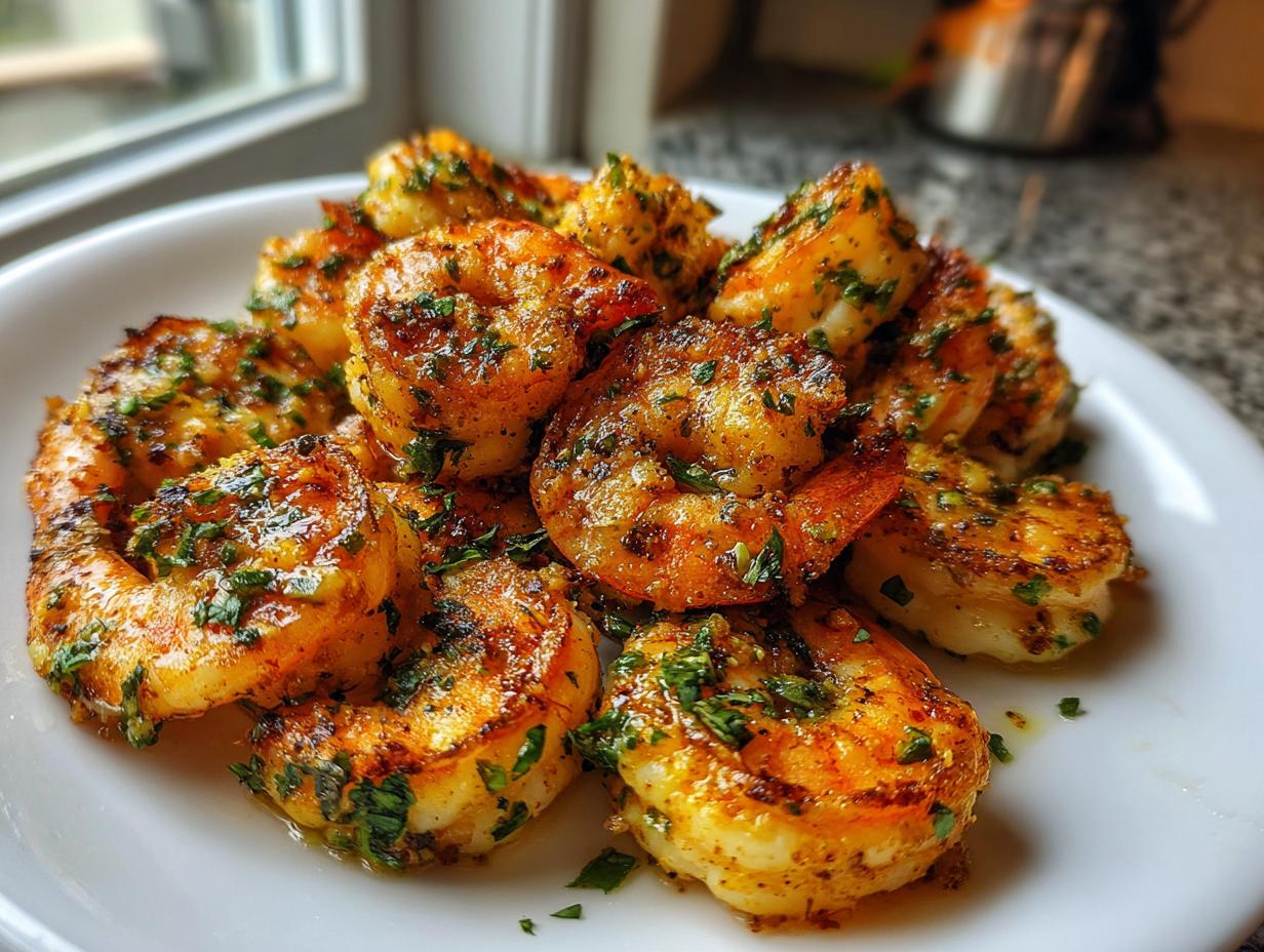 Close-up of golden, seasoned air fryer shrimp piled on a white plate, garnished with chopped parsley.
