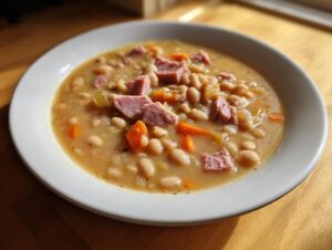 A close-up of a bowl of hearty bean soup featuring white beans, chunks of ham, carrots, and celery.