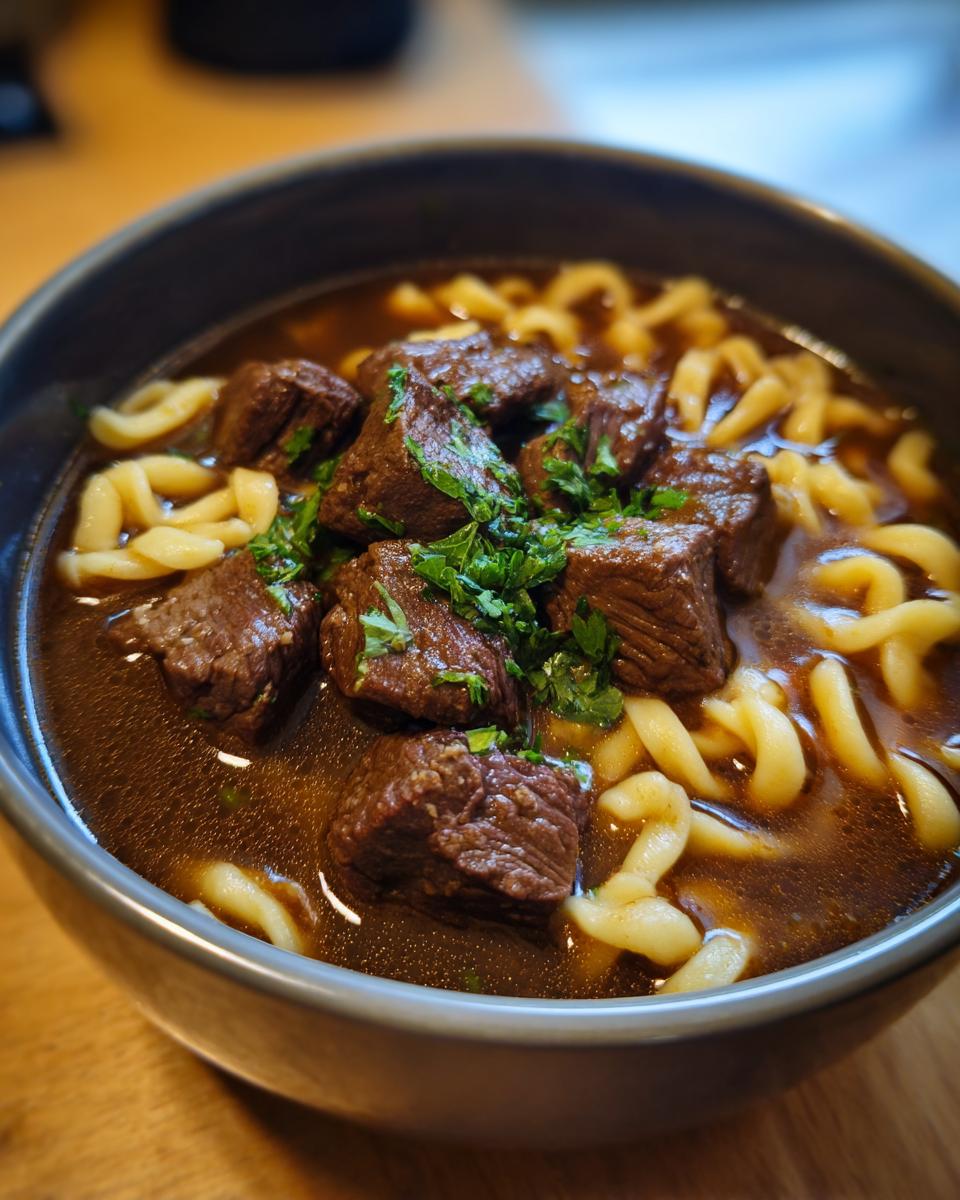 Close-up of a dark bowl filled with rich broth, tender chunks of beef, and curly noodles, garnished with parsley, showcasing the beef noodle soup.
