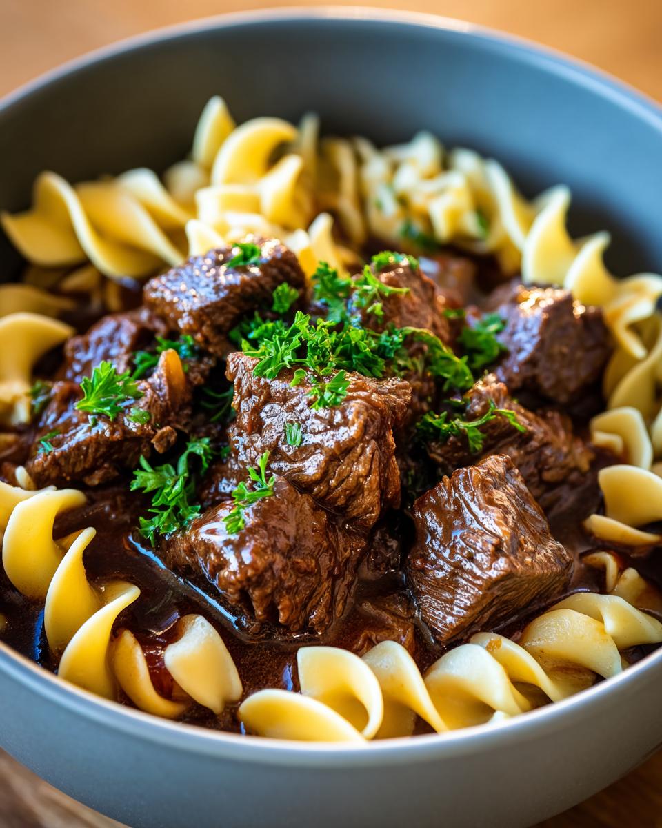 Close-up of a bowl of rich beef noodle soup featuring tender beef chunks in dark sauce over egg noodles, garnished with parsley.