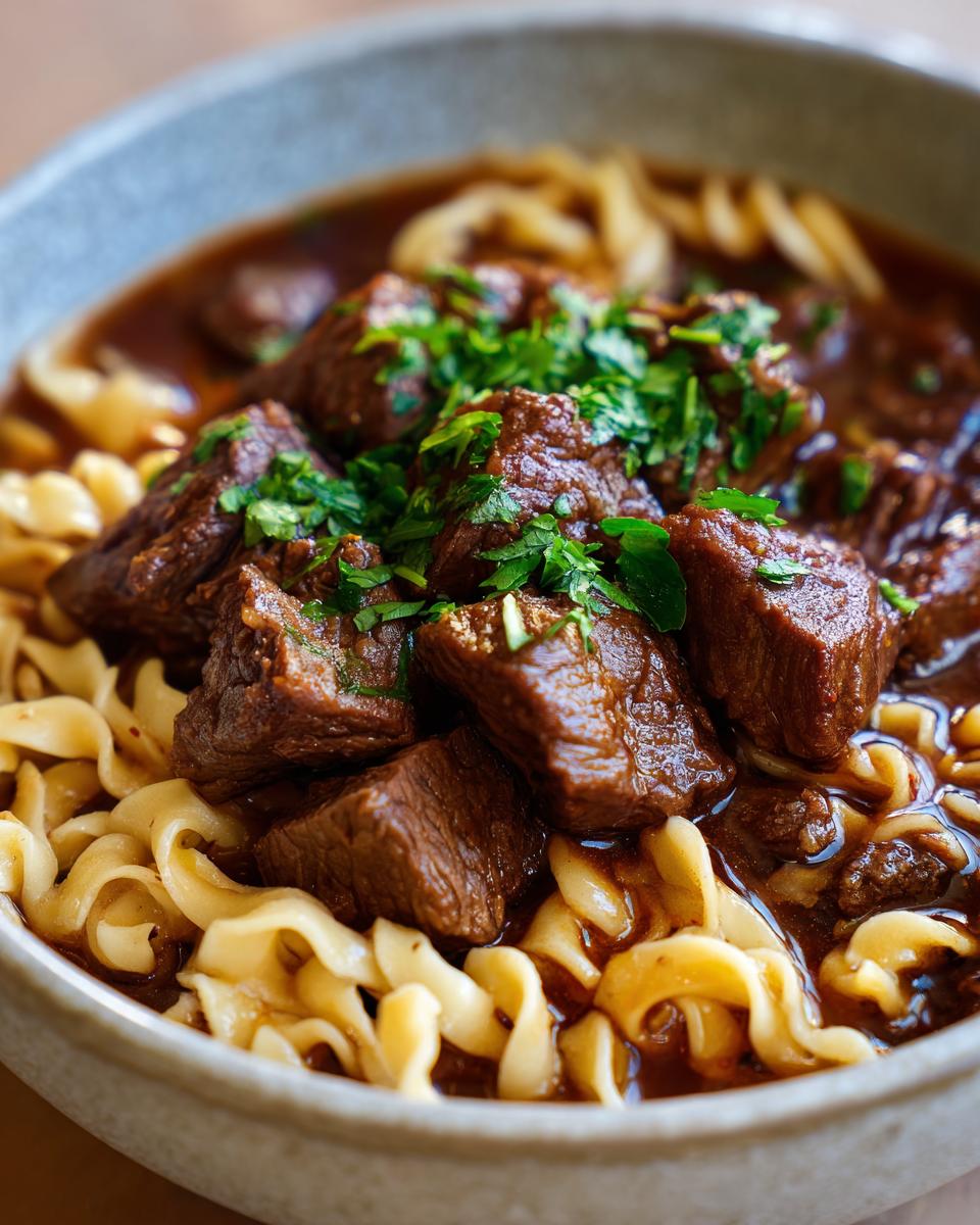 Close-up of tender beef chunks served over egg noodles in a rich broth, garnished with fresh parsley for an amazing beef noodle soup.