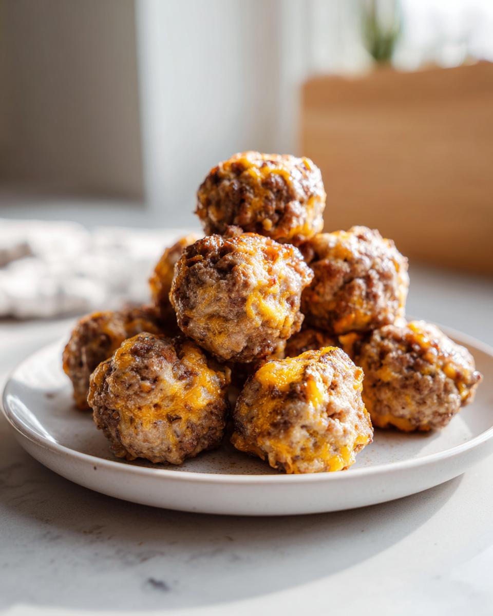 A stack of freshly baked bisquick sausage balls with visible melted cheddar cheese served on a light gray plate.