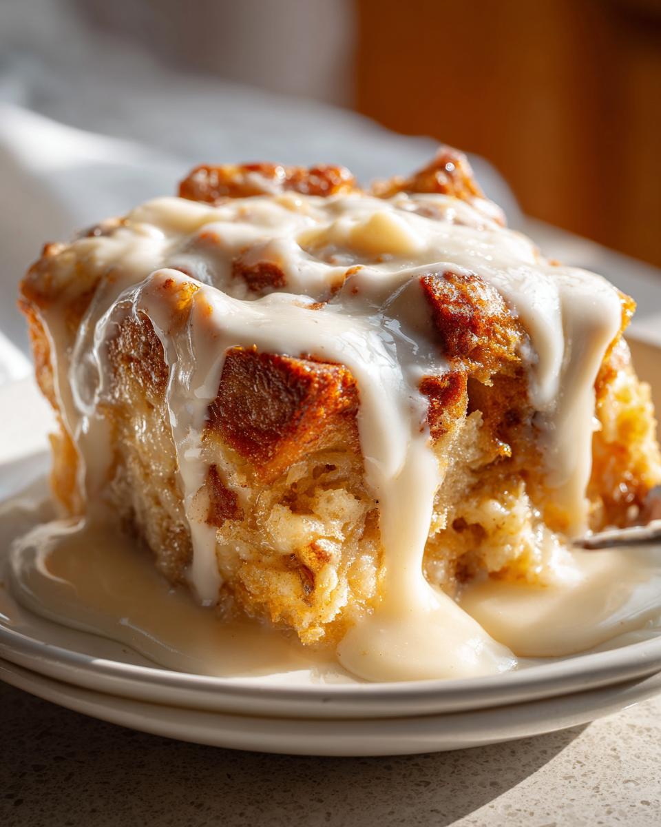 A close-up shot of a square serving of moist bread pudding generously topped with a thick, white vanilla sauce.