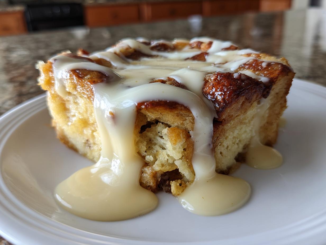 A close-up of a square serving of amazing bread pudding drenched in thick vanilla sauce.