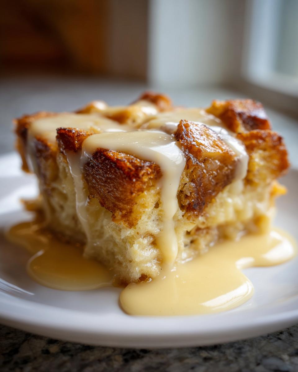 Close-up of a square slice of golden brown bread pudding generously topped with creamy vanilla sauce.