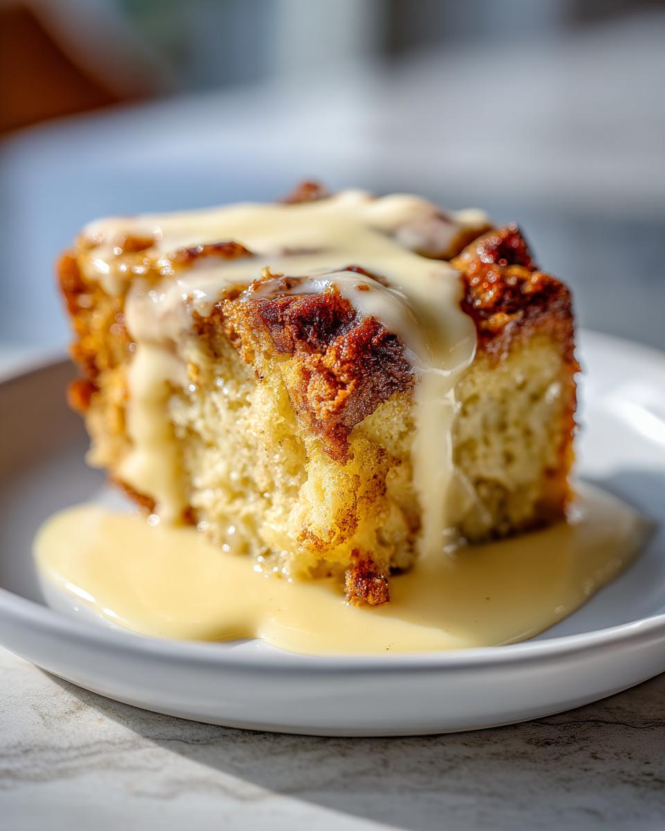 A close-up of a square slice of moist bread pudding topped with rich vanilla sauce.