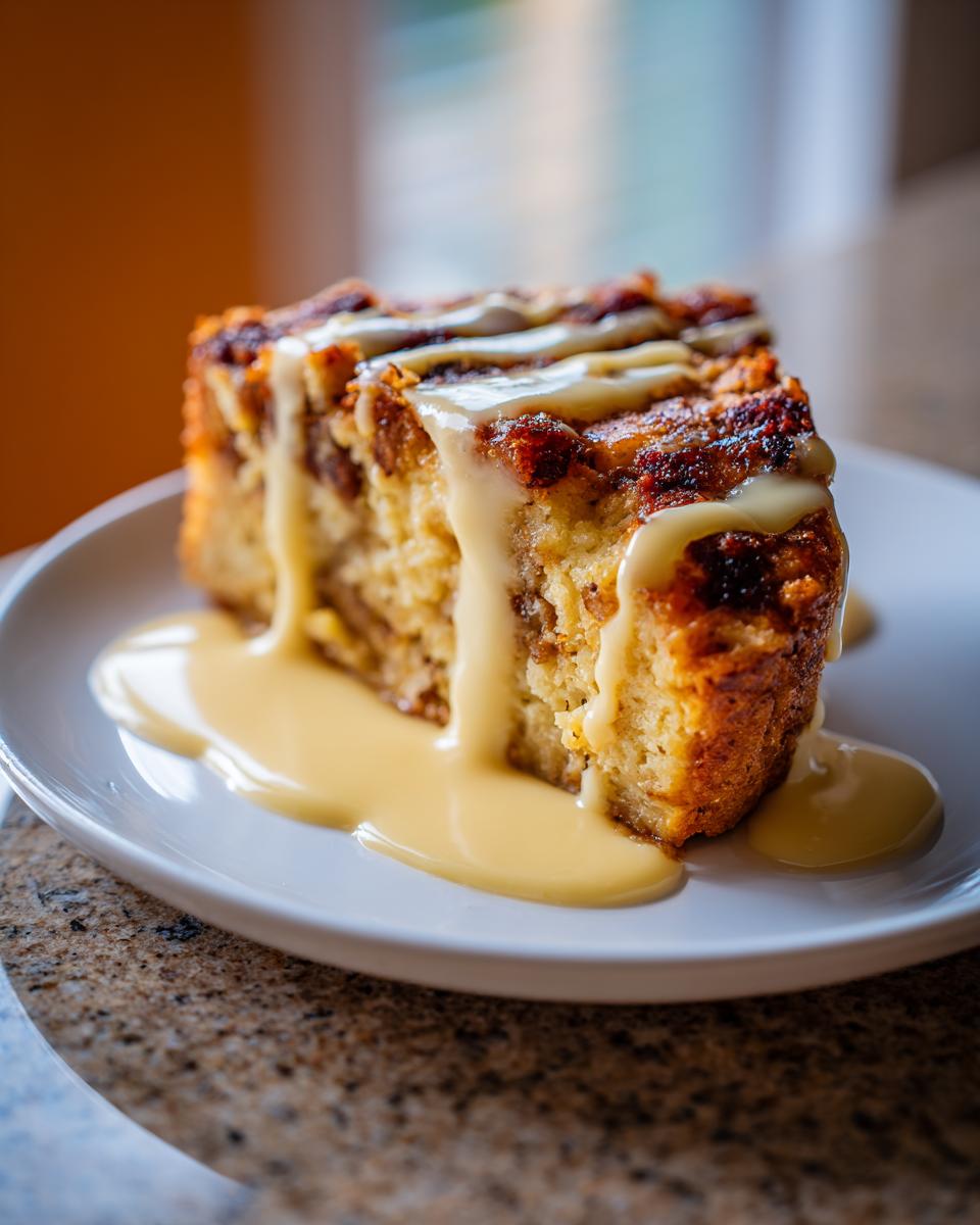 A rich slice of amazing bread pudding generously drizzled with a thick, creamy vanilla sauce.