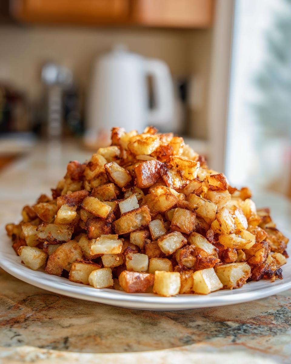 A large mound of perfectly browned and crispy breakfast potatoes piled high on a white plate.