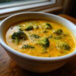 Close-up of a white bowl filled with vibrant orange broccoli cheddar soup, featuring visible florets of bright green broccoli.