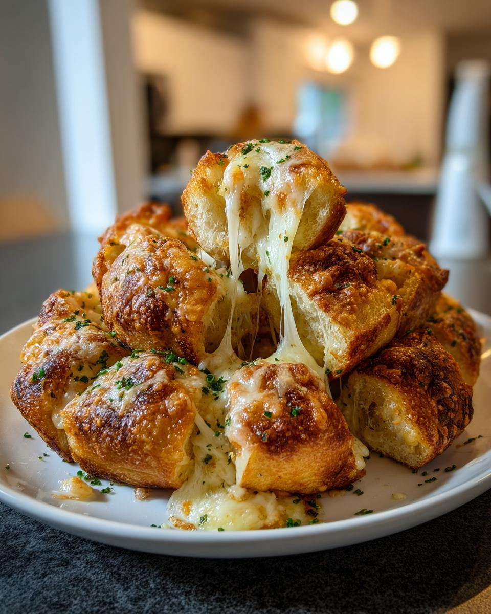 A stack of golden brown, baked cheese bread pieces with melted, stringy cheese pulling apart, sprinkled with parsley.