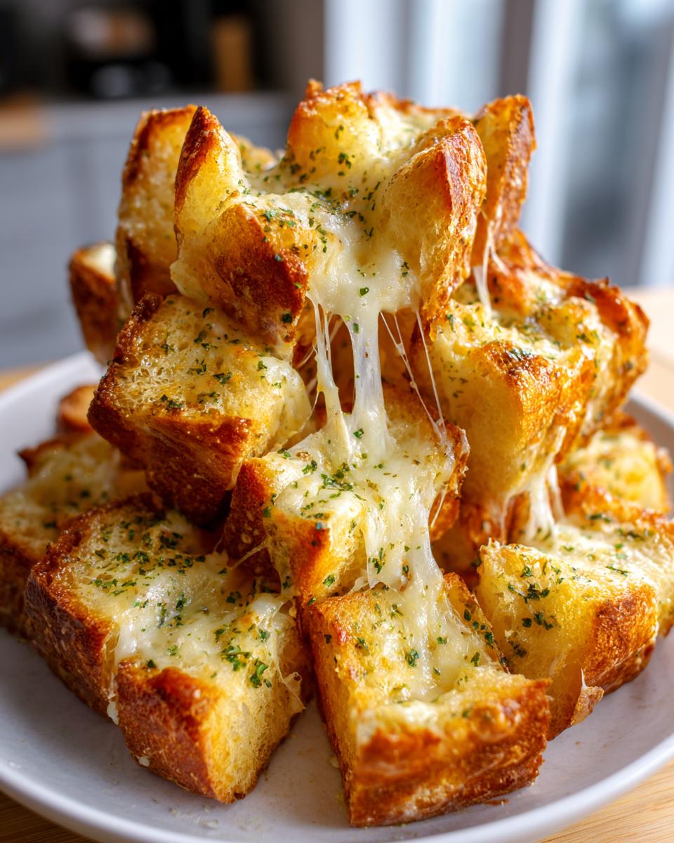 Close-up of pull-apart cheese bread cubes stacked high, featuring gooey melted cheese stretching between pieces.