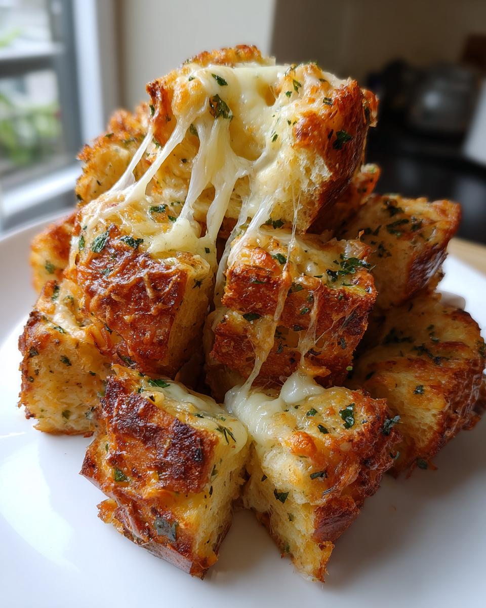Close-up of pull-apart cheese bread cubes stacked high, showing dramatic cheese pulls.