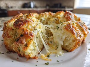 Close-up of a freshly baked cheese bread pull-apart loaf with melted, stringy cheese stretching out.