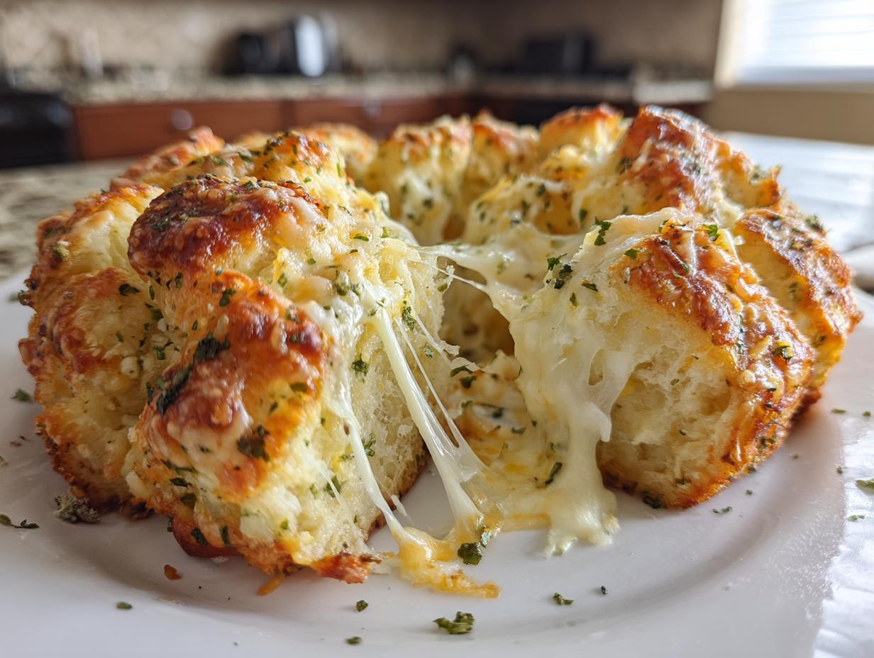 Close-up of a freshly baked cheese bread pull-apart loaf with melted, stringy cheese stretching out.