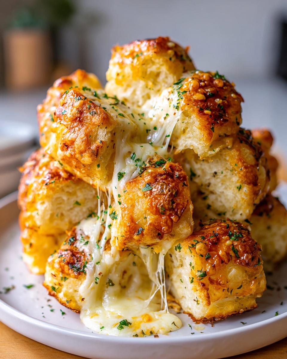 Close-up of pull-apart cheese bread pieces stacked high, showing extreme cheese pull and melted cheese.