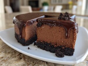A decadent slice of rich chocolate cheesecake with a dark chocolate ganache drip topping.