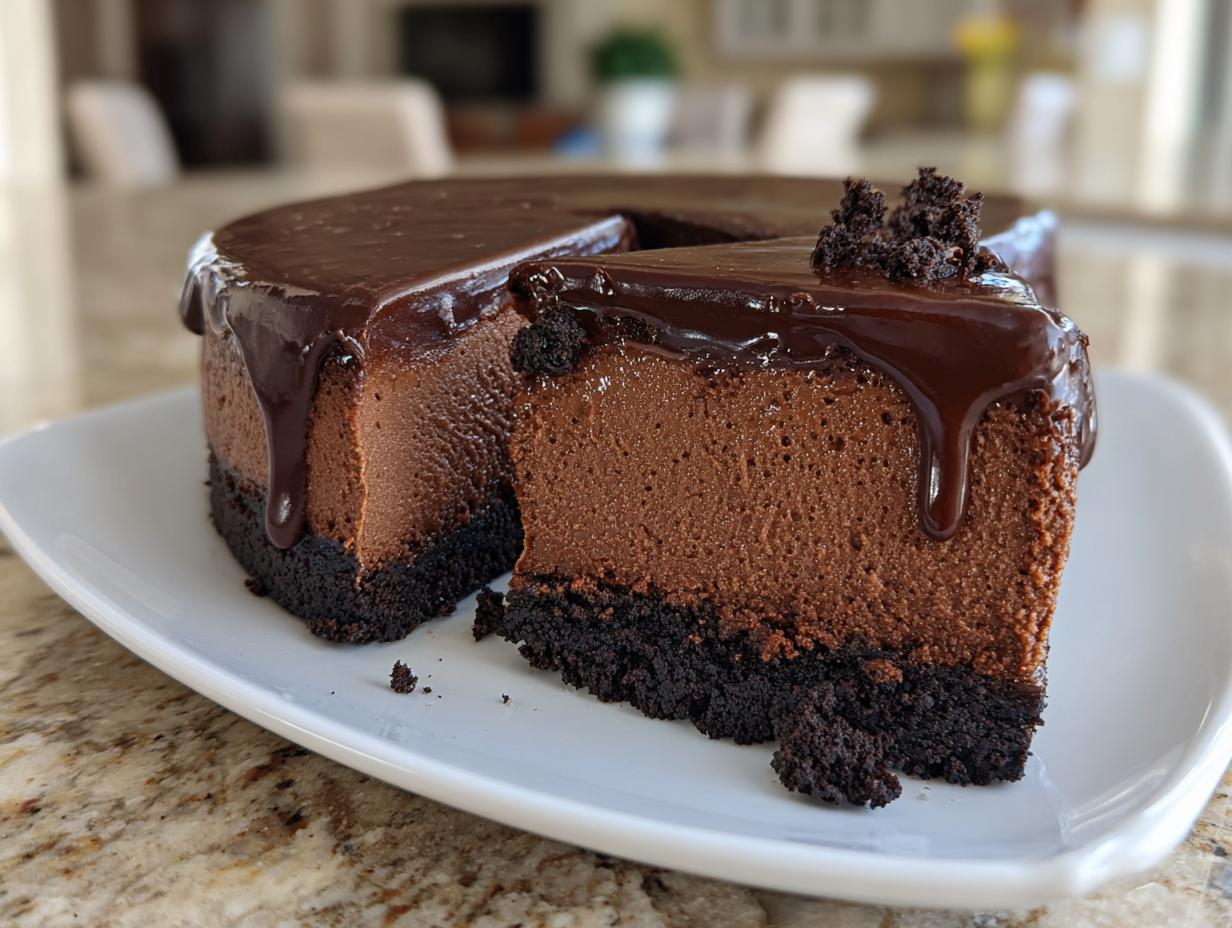 A decadent slice of rich chocolate cheesecake with a dark chocolate ganache drip topping.