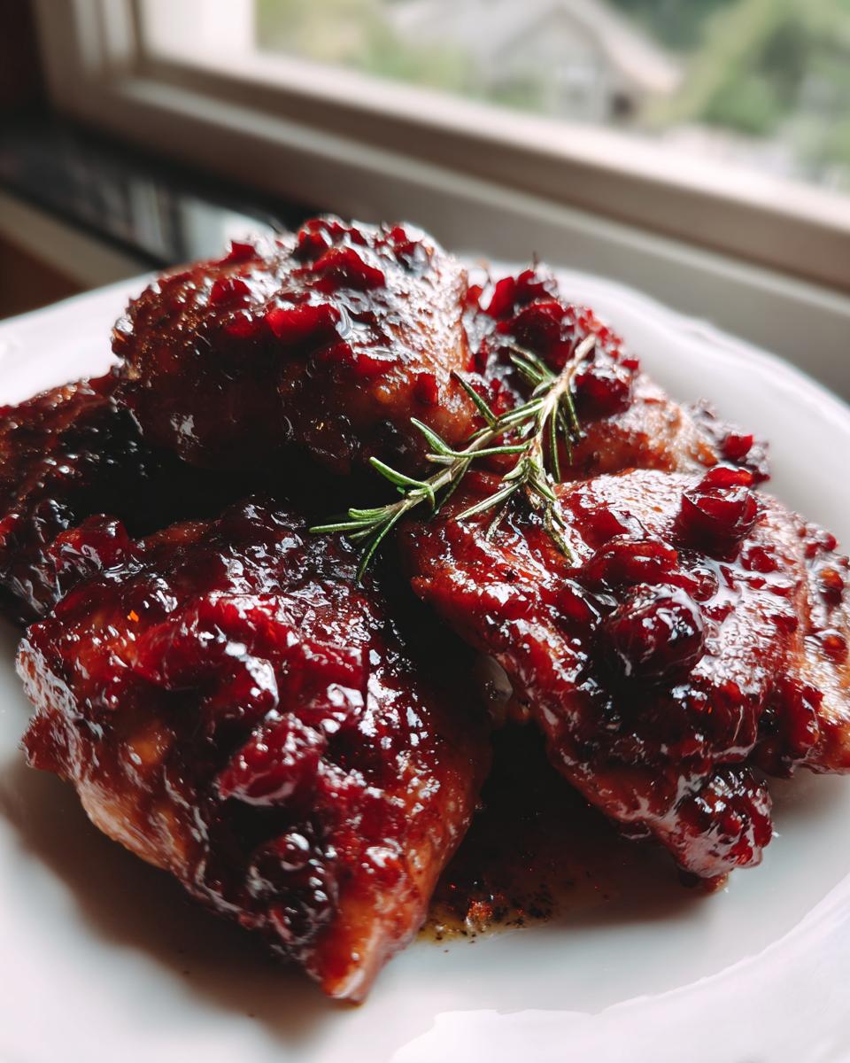 Close-up of baked cranberry chicken thighs covered in a glossy, deep red cranberry glaze, garnished with fresh rosemary.
