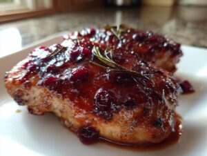 Two pieces of perfectly cooked cranberry chicken covered in a thick, glossy cranberry glaze and topped with fresh rosemary sprigs.