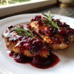 Two pan-seared chicken breasts topped with glossy cranberry sauce and fresh rosemary sprigs, showcasing amazing cranberry chicken.