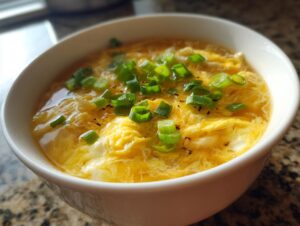 A close-up of a white bowl filled with bright yellow egg drop soup, garnished with fresh green scallions.