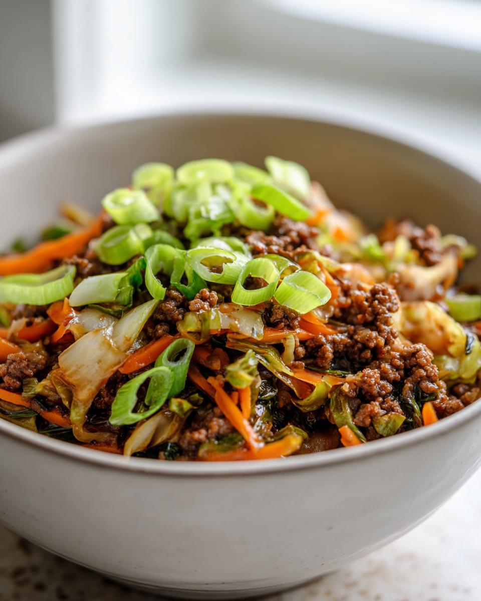 A close-up of a serving of amazing egg roll in a bowl featuring ground meat, shredded cabbage, carrots, topped with fresh green onions.